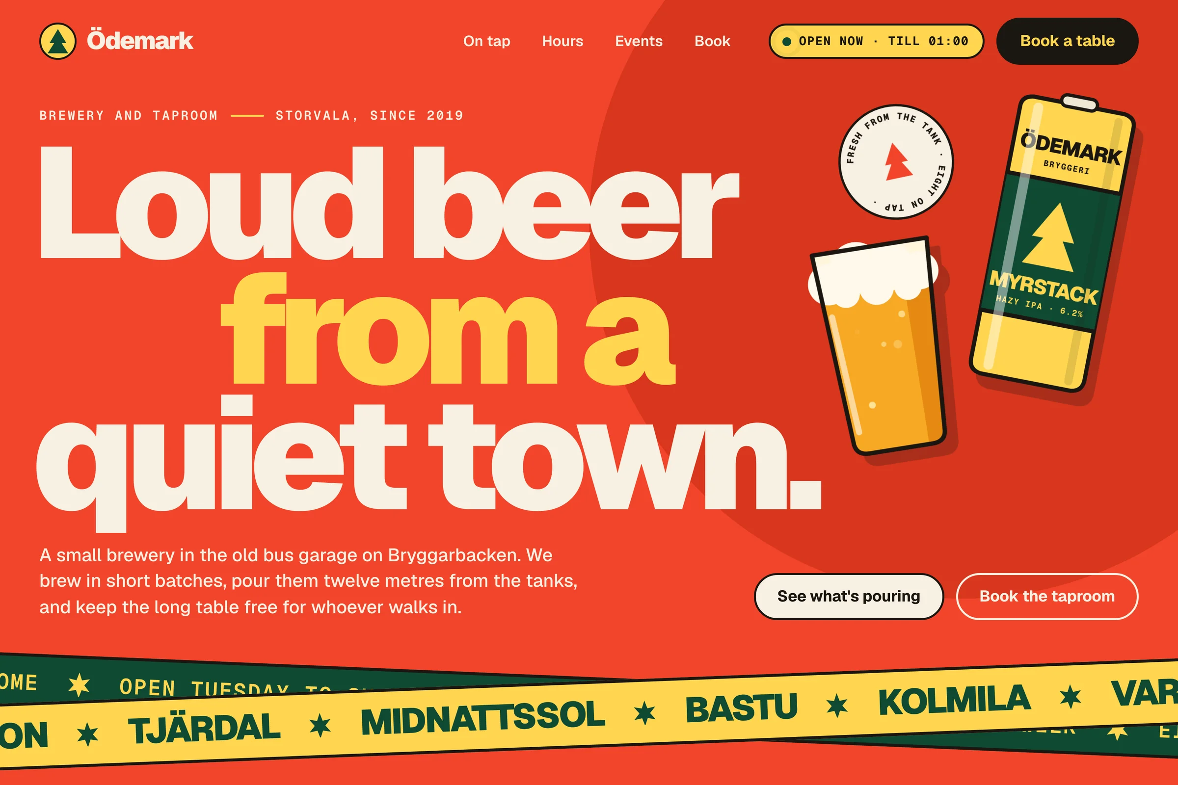 Demo site, fictional business: a brewery's home page with a very large headline on a red field, a drawn beer can and glass, and a strip of beer names.