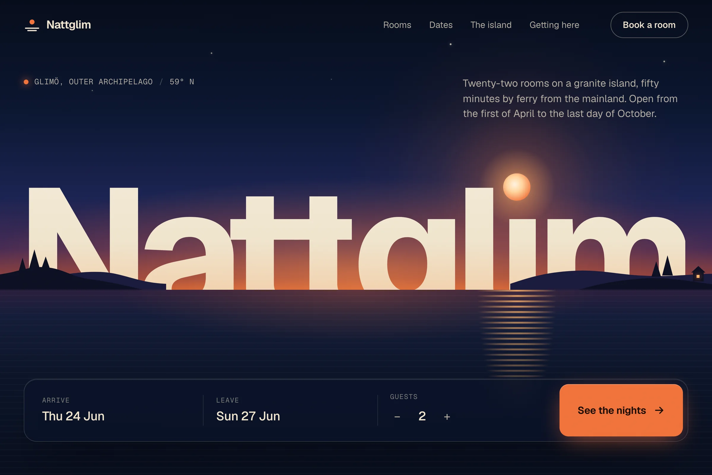 Demo site, fictional business: the home page of an island hotel, with a very large wordmark over a dusk archipelago and a booking bar.