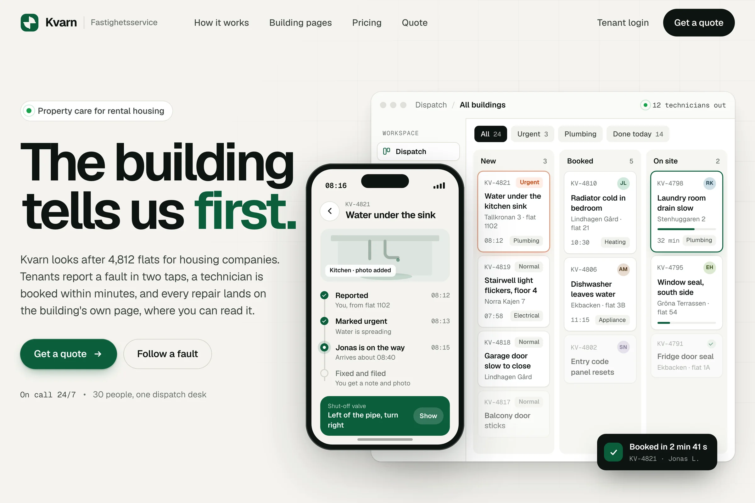 Demo site, fictional business: a property-care firm's home page with a tenant phone app showing a fault timeline beside a dispatch board of jobs.