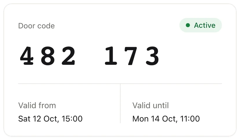 An example door code card: code 482 173, active, valid from Sat 12 Oct 15:00 until Mon 14 Oct 11:00. An example, not a real guest.