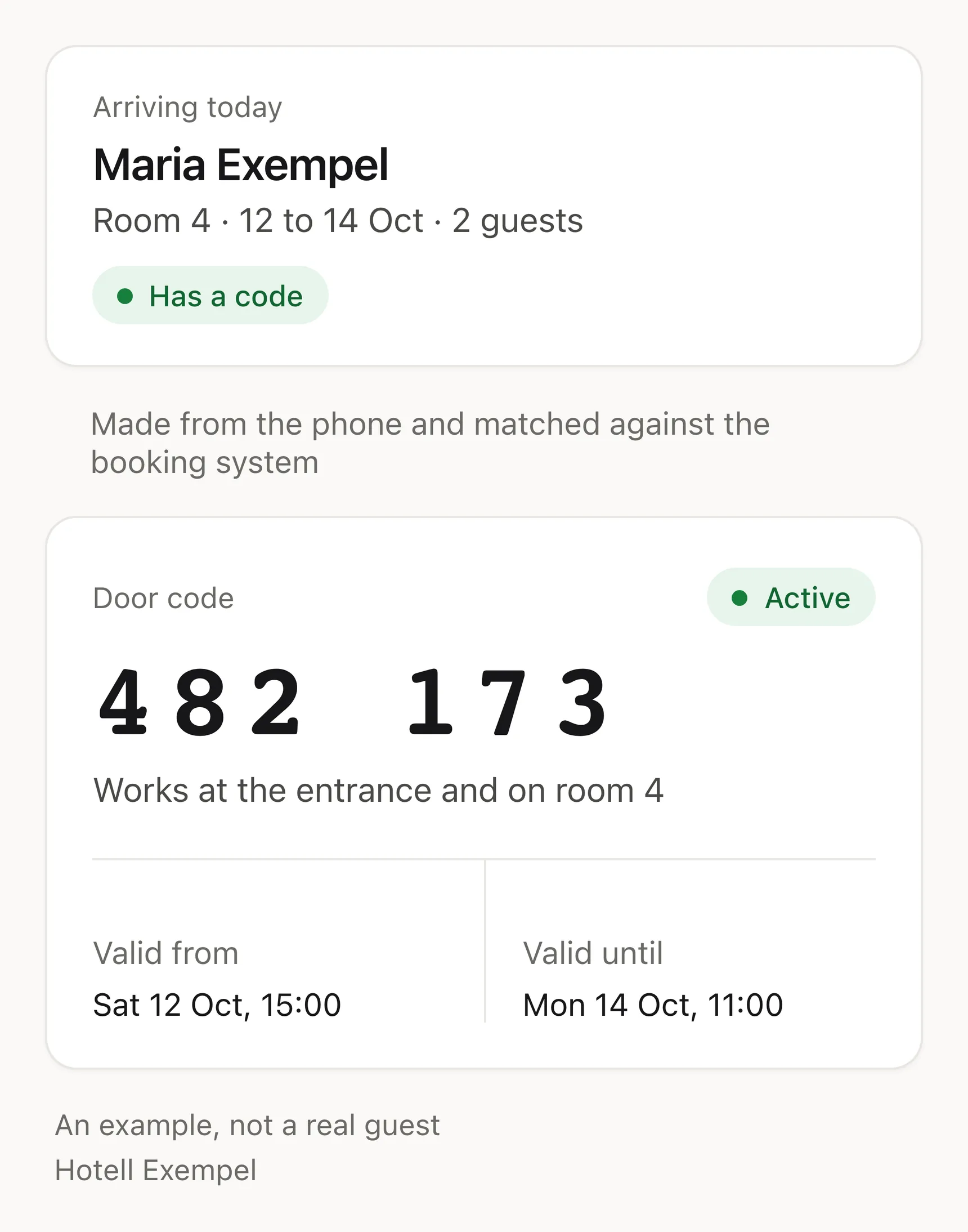 Demo, example data: an example of arriving guests on one card and, below it, a guest's door code with its start and end time. An example, not a real guest.