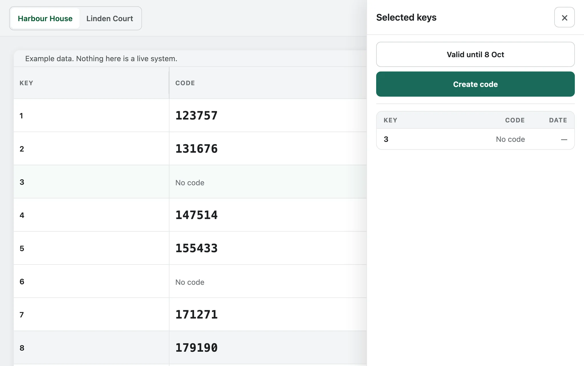 The key list with one key selected and a panel showing the chosen expiry date and a Create code button.