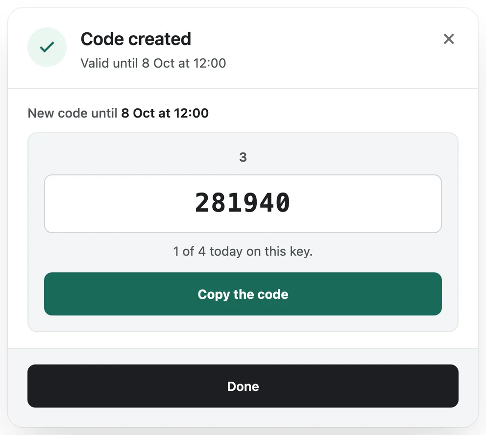 The confirmation card: a code created for key 3, valid until 8 Oct at 12:00, with a Copy the code button.