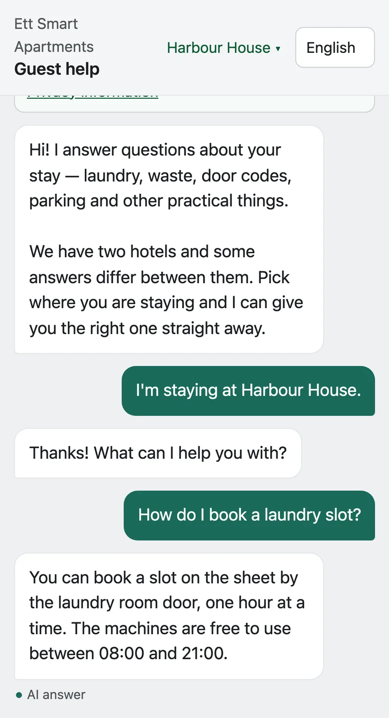 The guest chat on a phone: a guest picks Harbour House, asks how to book a laundry slot, and the assistant answers with an AI label.