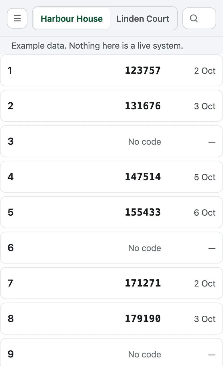 The key list on a phone: keys with codes and dates, and two site tabs.