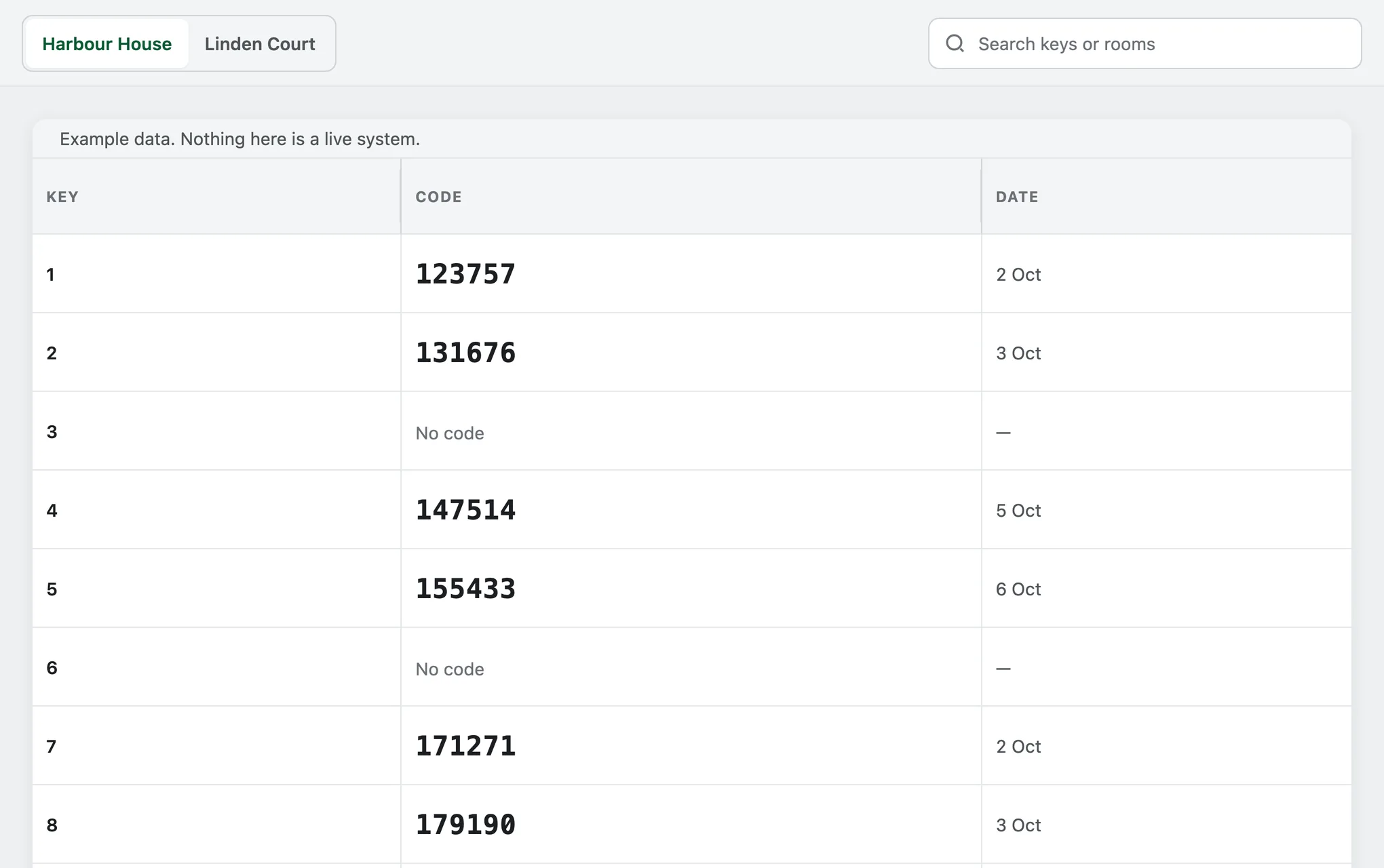 The door-code app’s key list for an invented hotel site: keys with their codes and dates, a No code row, and tabs for two sites.