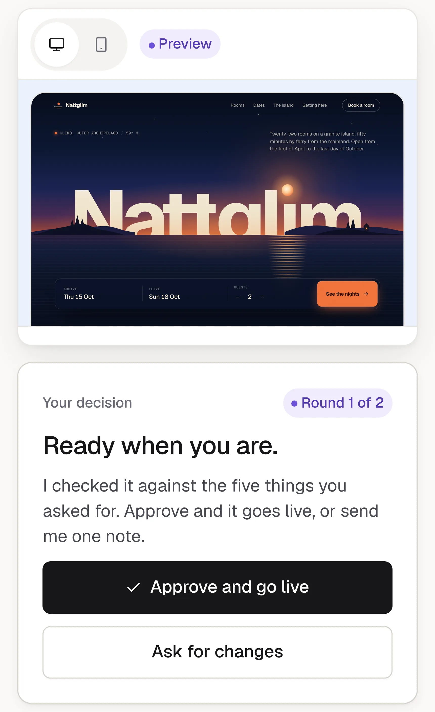 A task in review: a preview of the finished home page on top, and below it a card that says Ready when you are, with Approve and go live and Ask for changes.