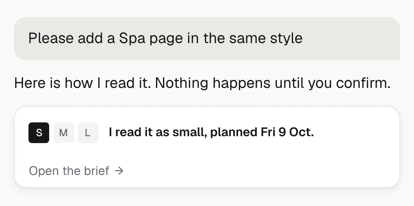 The client's one-line request, the assistant's read-back and the confirmation card forming.
