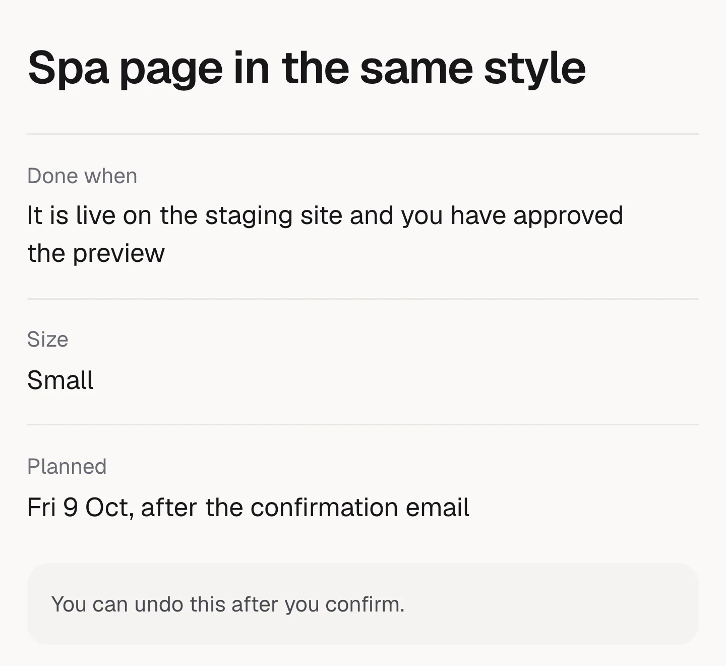 The same chat with the brief open beside it: done when, size and planned date.