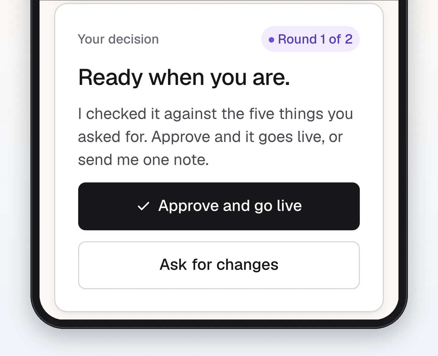 A phone showing the preview and the decision card, with Approve and go live and Ask for changes.