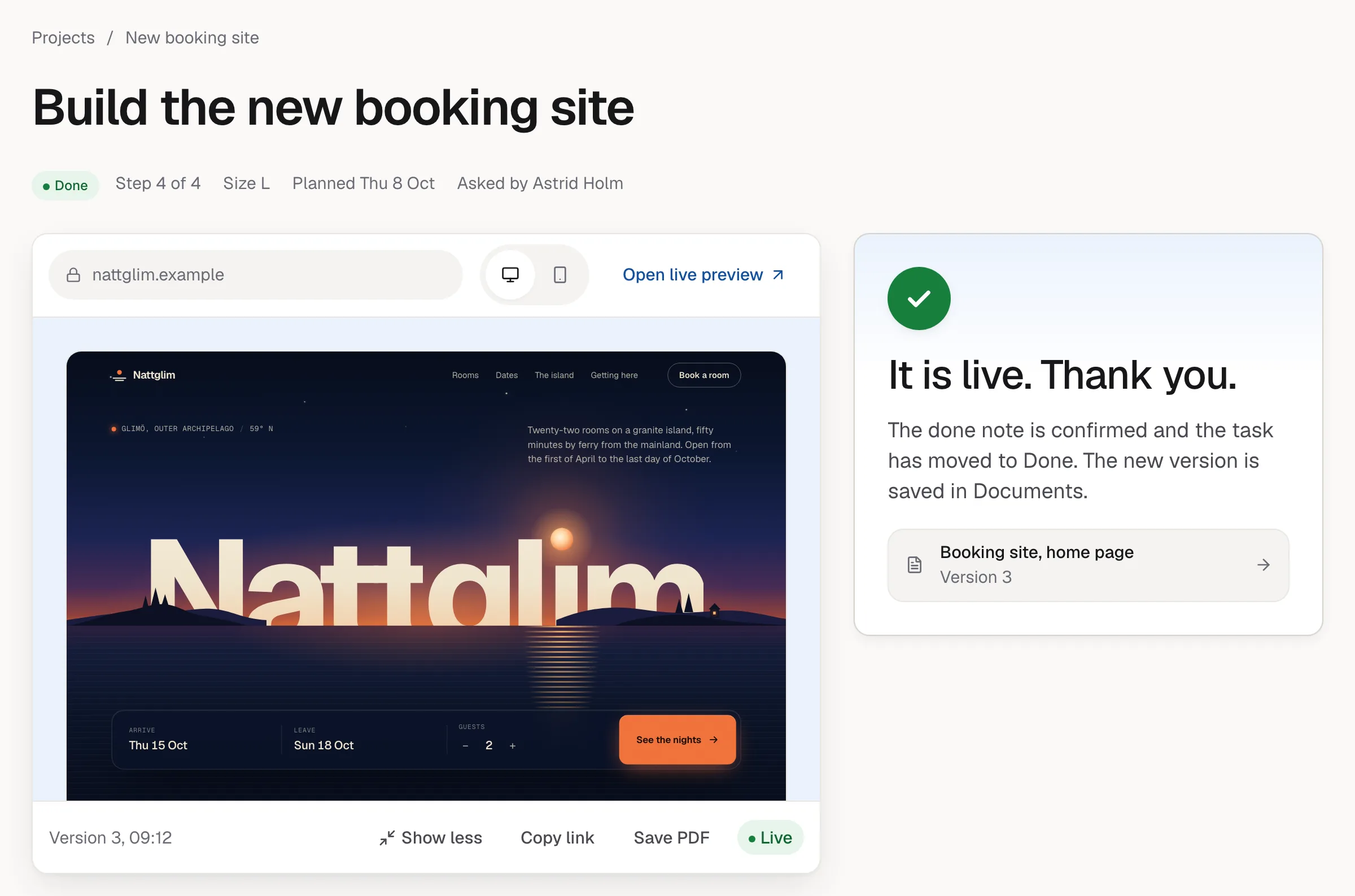 The task after approval: it is live, with the live site and the document it saved.